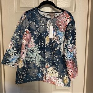 NWT Chico’s Novelty Floral lace jacket easy wear twilight blue size 1!